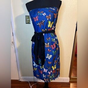 Anthropologie Nathalie Lété Paris Blue  Strapless Dress Colorful Butterfly Print